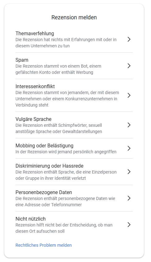 Optionen bei Google, Rezensionen zu melden