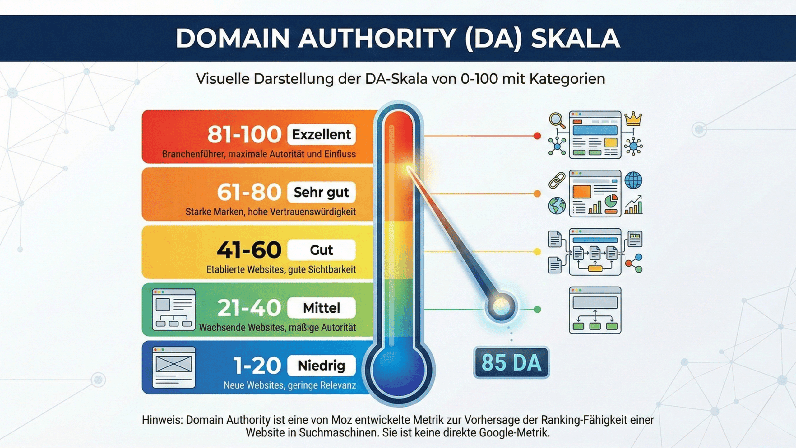 Domain Authority Skala von 0-100 mit Kategorien: Niedrig (1-20), Mittel (21-40), Gut (41-60), Sehr gut (61-80), Exzellent (81-100)