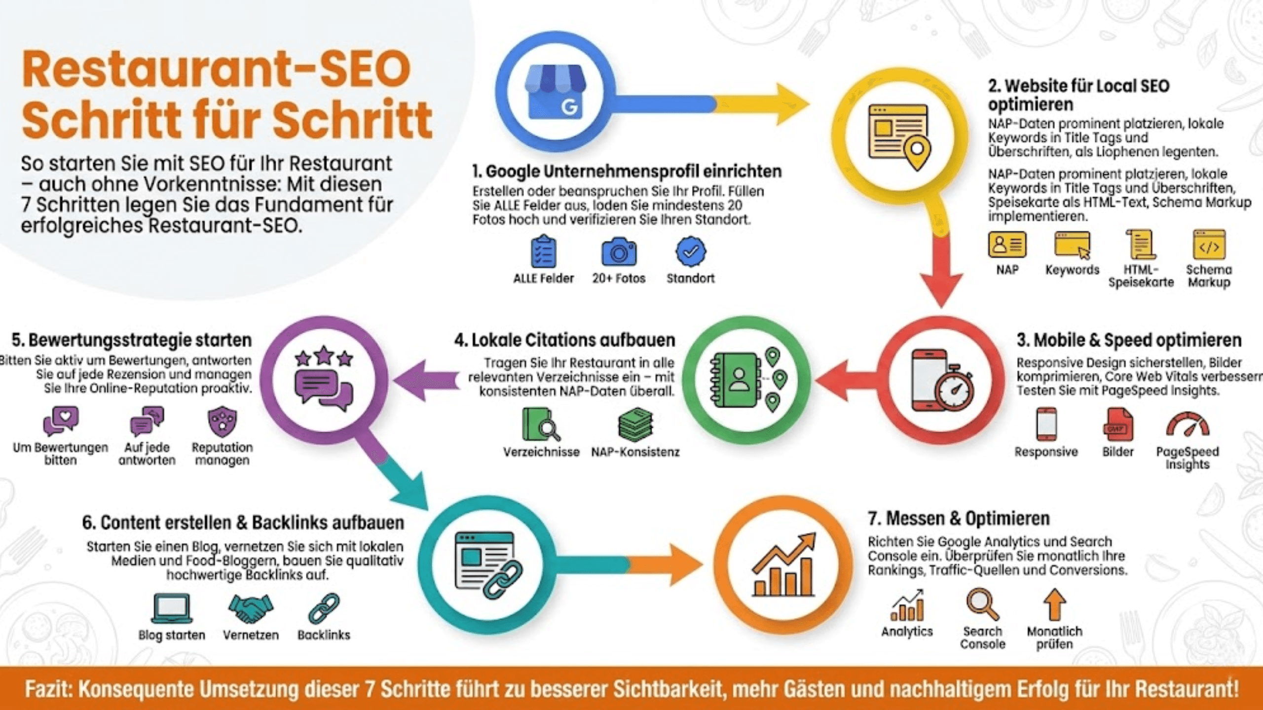 Restaurant SEO in 7 Schritten: Google Profil, Website, Keywords, Content, Bewertungen, Backlinks, Monitoring